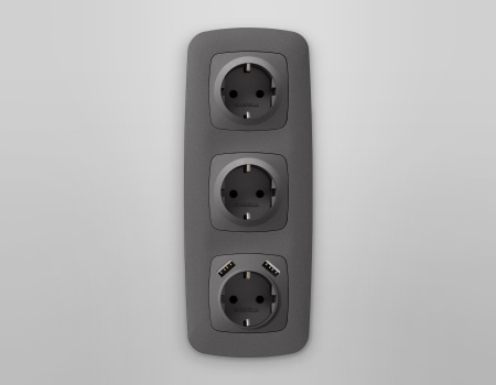 Лицевая панель OMEGA (Антрацит серый) для электрической розетки с заземлением со шторками 2USB A+A QUANT OP6590