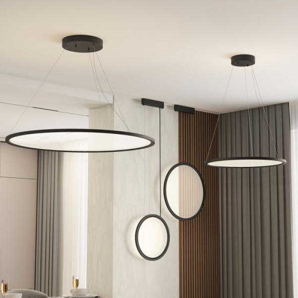 Подвесной светильник горизонтальный VEIL, 80 Вт, ?1000?В1500 мм, LED 2700-6000K, IP20, пульт Д/У (в комплекте), черный, алюминий, акрил