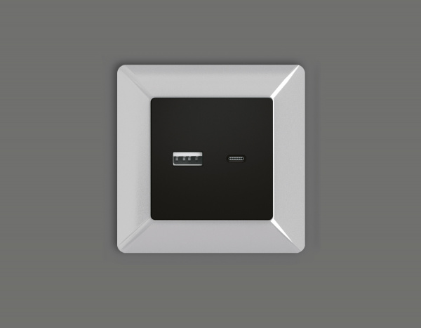 Лицевая панель ALFA (Черный матовый) для розетки 2USB тип A+C QUANT AP8110