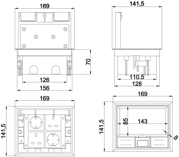 Лючок в пол на 8 модулей (4 мод. 45х45 мм.), крышка ABS+гальванизированная стальная вставка