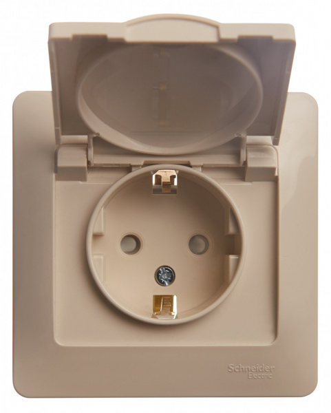 SE Glossa Беж Розетка с/з со шторками с крышкой, IP20 (в сборе с рамкой)