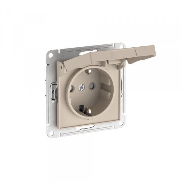 Systeme Electric AtlasDesign Песочный Розетка с заземл. со шторк. с крышкой, 16А,IP20,мех., быстрозажим. клем.