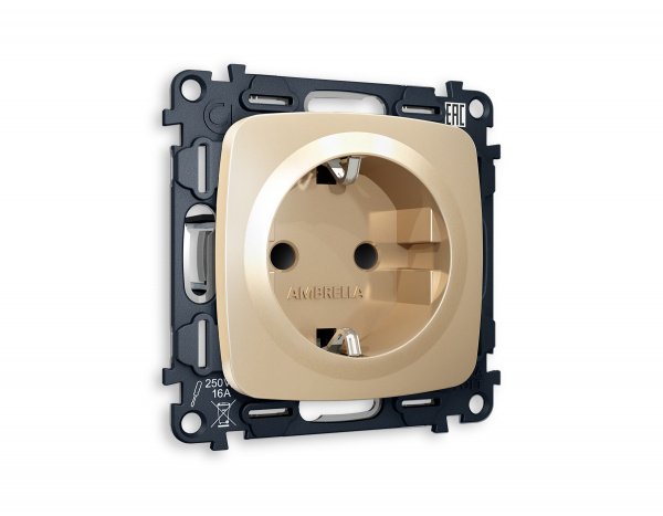 Комплект механизма электрической розетки OMEGA MO607010 Шампань с заземлением и шторками 2P+E 16A-250V QUANT
