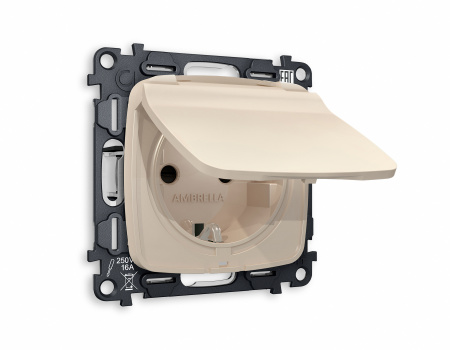 Комплект механизма электрической розетки OMEGA MO328010 Бежевый матовый с заземлением со шторками и защитной крышкой 2P+E 16A-250V IP44 QUANT