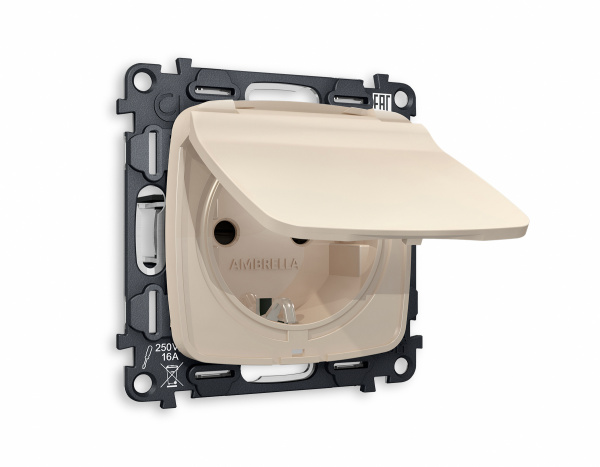 Комплект механизма электрической розетки OMEGA MO328010 Бежевый матовый с заземлением со шторками и защитной крышкой 2P+E 16A-250V IP44 QUANT