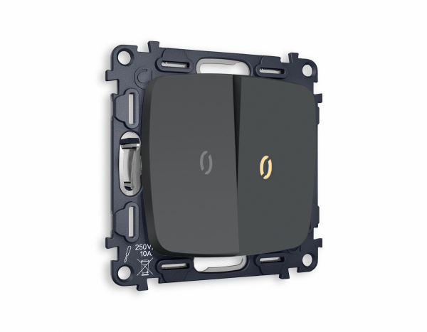 Комплект механизма 2-клавишного проходного выключателя с подсветкой 3200K OMEGA MO904030 Графит мягкое касание QUANT