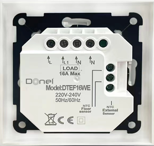 Donel Термостат с датчиком пола, 16 A, 55*55 мм., белое стекло, серия DTEF