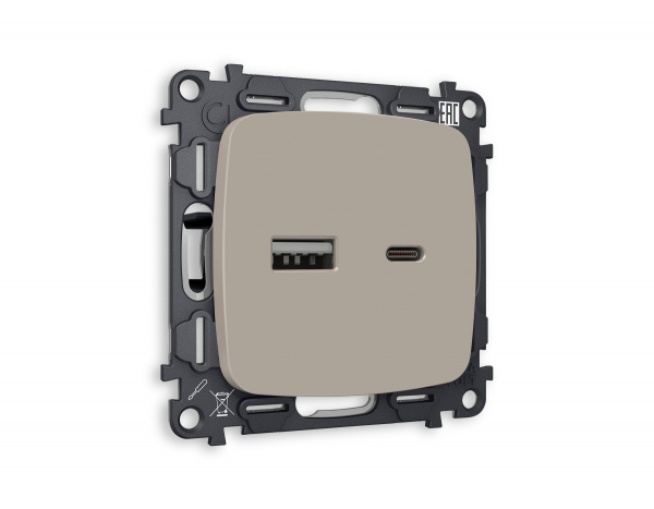 Комплект механизма розетки OMEGA MO371010 Серо-бежевый матовый 2USB A+C 20W быстрая зарядка QUANT