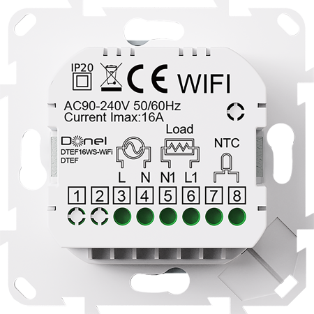 Donel Термостат с датчиком пола с Wi-Fi, программируемый через приложение,16 A, 55*55 мм. белое стекло, серия DTEF