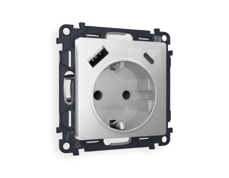 Комплект механизма электрической розетки ALFA MA410010 Серебро глянец 2USB A+C 20W быстрая зарядка с заземлением и шторками 2P+E 16A-250V QUANT