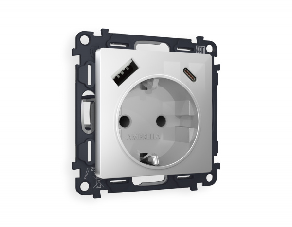 Комплект механизма электрической розетки ALFA MA410010 Серебро глянец 2USB A+C 20W быстрая зарядка с заземлением и шторками 2P+E 16A-250V QUANT