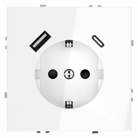 Розетка встраиваемая VOLTUM S70 с заземлением и защитными шторками, 16А, с USB, A+С, (белый глянцевы