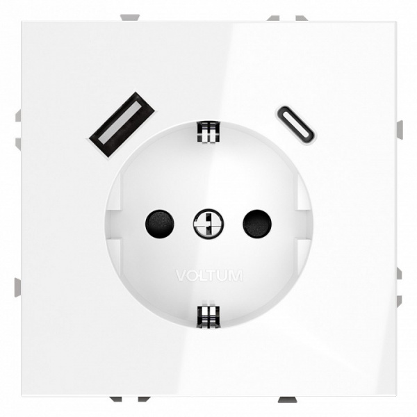 Розетка встраиваемая VOLTUM S70 с заземлением и защитными шторками, 16А, с USB, A+С, (белый глянцевы Розетка встраиваемая VOLTUM S70 с заземлением и защитными шторками, 16А, с USB, A+С, (белый глянцевы