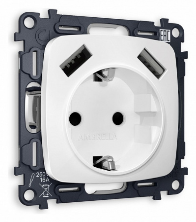 Комплект механизма электрической розетки OMEGA MO129010 Белый матовый 2USB A+A 18W быстрая зарядка с заземлением со шторками 2P+E 16A-250V QUANT