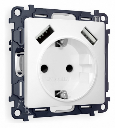 Комплект механизма электрической розетки ALFA MA129010 Белый матовый 2USB A+A 18W быстрая зарядка с заземлением со шторками 2P+E 16A-250V QUANT