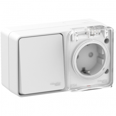 SE AtlasDesign Profi54 Наруж Белый Блок: Розетка с/з со шт. + выключатель 1-клавишный 10А IP54