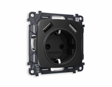 Комплект механизма электрической розетки OMEGA MO809010 Черный матовый 2USB A+A 18W быстрая зарядка с заземлением и шторками 2P+E 16A-250V QUANT