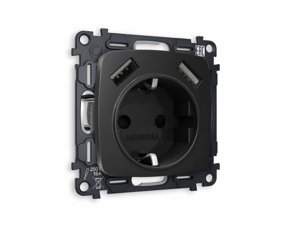 Комплект механизма электрической розетки OMEGA MO809010 Черный матовый 2USB A+A 18W быстрая зарядка с заземлением и шторками 2P+E 16A-250V QUANT