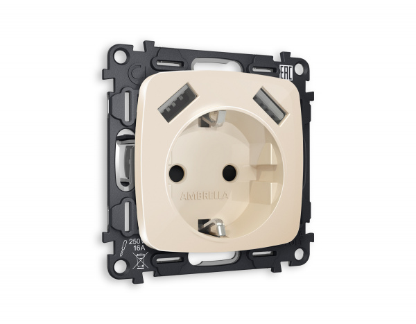 Комплект механизма электрической розетки OMEGA MO309010 Бежевый глянец 2USB A+A 18W быстрая зарядка с заземлением и шторками 2P+E 16A-250V QUANT