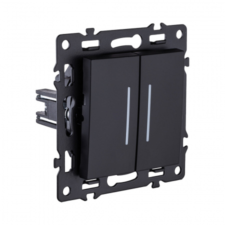 Выключатель 2-клавишный проходной 10А/250В с LED подсветкой, черный Kollinger Asthetik AS-011BK