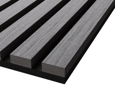 Акустическая панель, черный войлок, 600х600х21мм, рейки МДФ, шпон дуб ардженто светло-серый