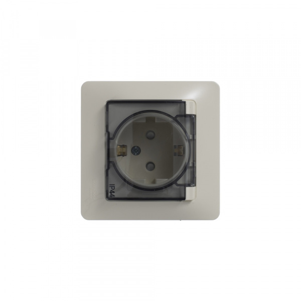 SE Glossa Беж Розетка с/з со шторками с крышкой, IP44 (в сборе с рамкой)