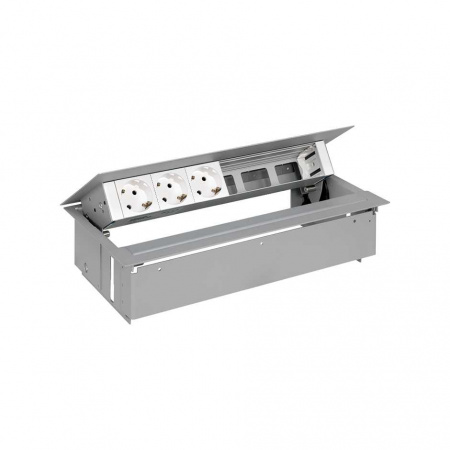 Simon 400 Алюминий Врезной розеточный блок с крышкой и мет. вводом, 3x2P+E, 3 пустых модуля Алюминий