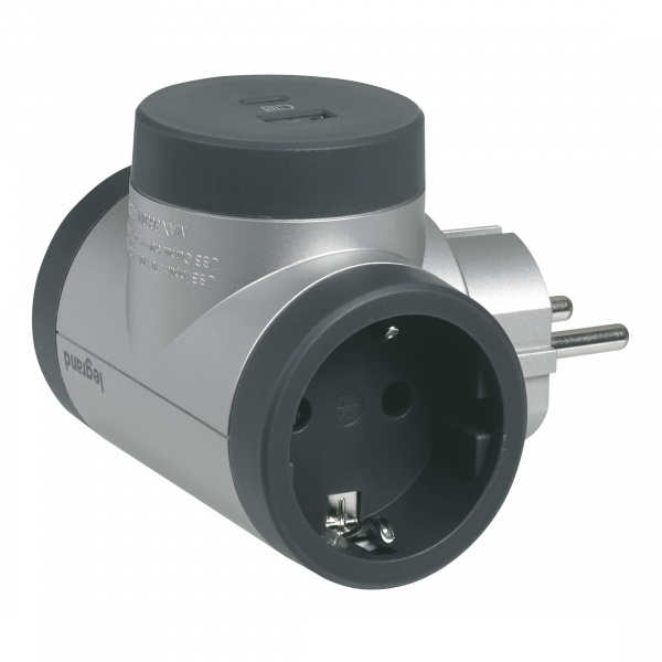 Legrand Revolution Комфорт Алюминиево-черный Тройник 2x2К+З с 2xUSB A+C (3А), фиксируемый поворотный блок