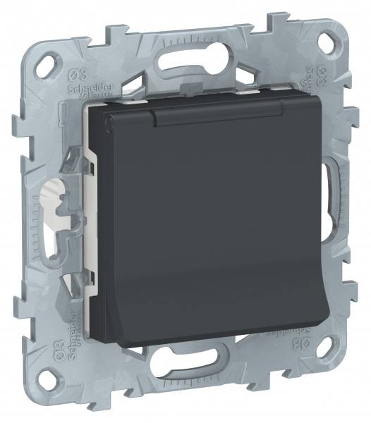 SE Unica New Антрацит Розетка с/з со шторками, с крышкой, 16А, 250В, IP40