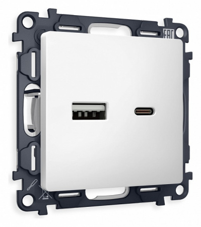Комплект механизма розетки ALFA MA131010 Белый матовый 2USB A+C 20W быстрая зарядка QUANT