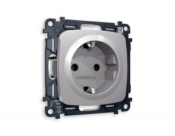 Комплект механизма электрической розетки OMEGA MO506010 Сталь матовый с заземлением на винтовых зажимах 2P+E 16A-250V QUANT