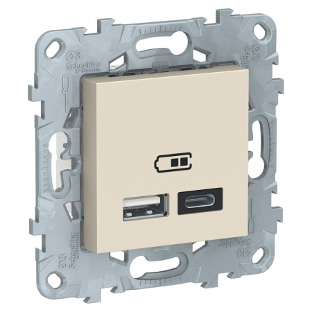 SE Unica New Бежевый Розетка USB, 2-местная, тип А+С, 5 В / 2400 мА