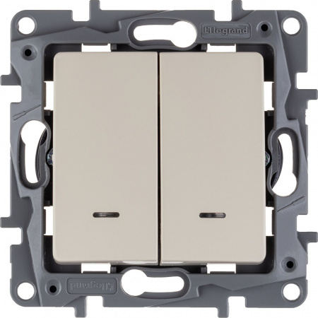 Legrand Etika Слоновая кость Выключатель 2-х клавишный с подсветкой, 10А, Винтовые клеммы
