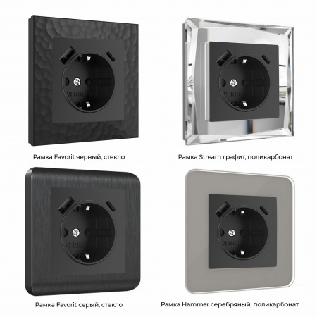 Розетка с заземлением, шторками и USB тип A+C (черный матовый) W1171708