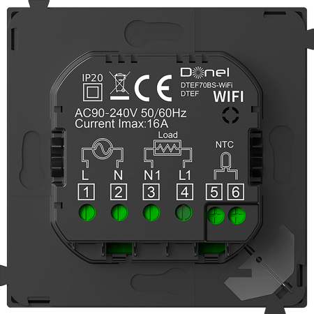 Donel Термостат с датчиком пола с Wi-Fi, программируемый через приложение, 70*70 мм. черное стекло, серия DTEF