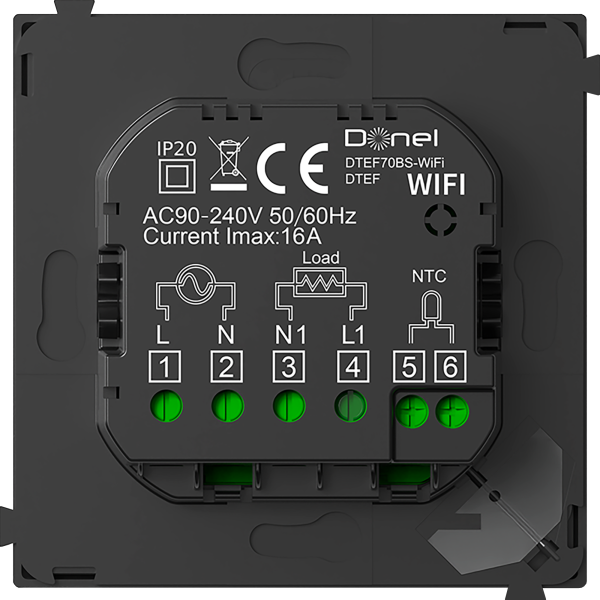 Donel Термостат с датчиком пола с Wi-Fi, программируемый через приложение, 70*70 мм. черное стекло, серия DTEF