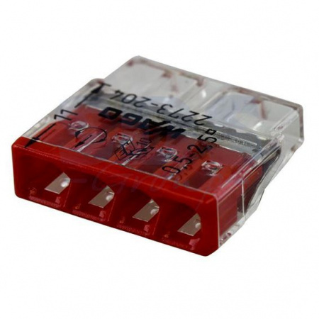 Wago клеммы для одножильных проводников; макс. 2,5 мм²; 4-проводн.; прозрачный корпус; красная крышка Wago клеммы для одножильных проводников; макс. 2,5 мм²; 4-проводн.; прозрачный корпус; красная крышка