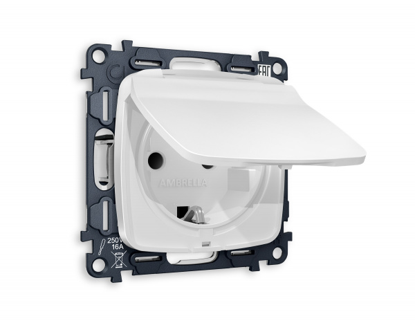 Комплект механизма электрической розетки OMEGA MO128010 Белый матовый с заземлением со шторками и защитной крышкой 2P+E 16A-250V IP44 QUANT