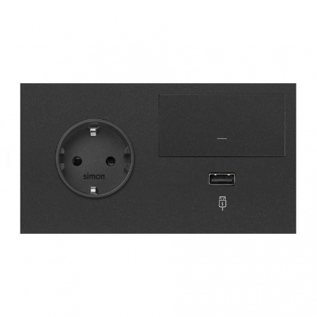 Simon 100 Черный матовый  Кит 2 поста, фронт. Накладка на 1 розетку Schuko (справа) + 1 з/у USB SC + 1 клавиша выключателя