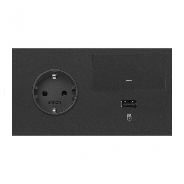 Simon 100 Черный матовый  Кит 2 поста, фронт. Накладка на 1 розетку Schuko (справа) + 1 з/у USB SC + 1 клавиша выключателя