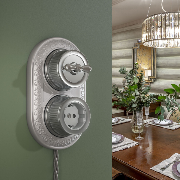 Розетка с заземлением и шторками матовый хром ретро WL19-10-02