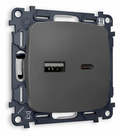 Комплект механизма розетки OMEGA MO911010 Графит мягкое касание 2USB A+C 20W быстрая зарядка QUANT