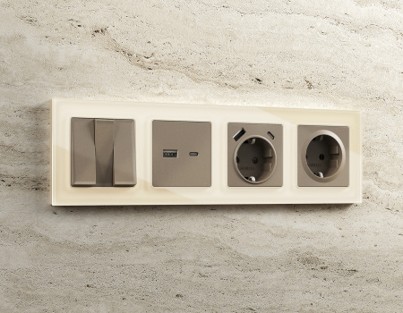 Лицевая панель ALFA (Темная бронза матовый) для электрической розетки с заземлением со шторками 2USB A+A QUANT AP6390