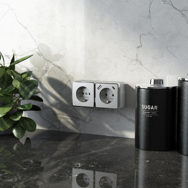 Розетка с заземлением, шторками и USB тип A+C Gallant серебряный W5071706