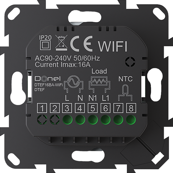 Donel Термостат с датчиком пола, программируемый с Wi-Fi , 16 A, 55*55 мм.черный, ручка настройки,серия DTEF