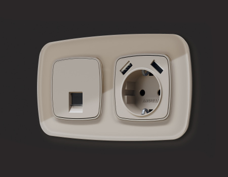 Лицевая панель OMEGA (Серо-бежевый матовый) для электрической розетки с/з со шторками 2USB A+A QUANT OP3690