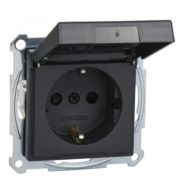SE Merten SM Антрацит Розетка с/з с защитными шторками с крышкой,с упл.кольц, IP44, безвинт. зажим