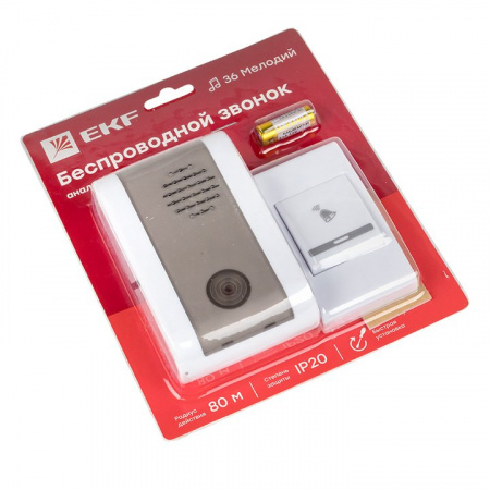 EKF Basic Звонок беспр. на батарейках 003 (бел.-сер. 36 мелод. с индик. 2х1,5В АA дист. 80м.)