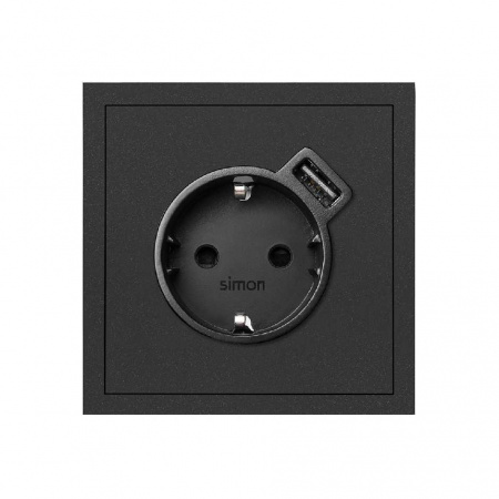 Simon 100 Черный матовый  Накладка розетки Schuko с з/у USB SmartCharge