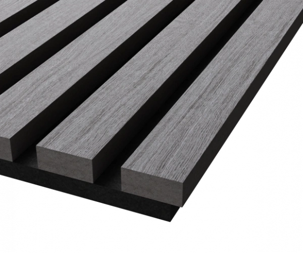 Акустическая панель, черный войлок, 1200х600х21мм, рейки МДФ, шпон дуб ардженто светло-серый Акустическая панель, черный войлок, 1200х600х21мм, рейки МДФ, шпон дуб ардженто светло-серый